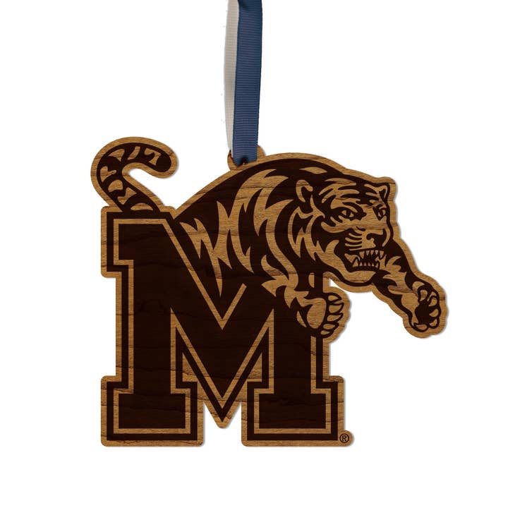 University of Memphis Block M Ornament – Crafted from Cherry and Maple Wood – Memphis Tigers for wholesale by LazerEdge