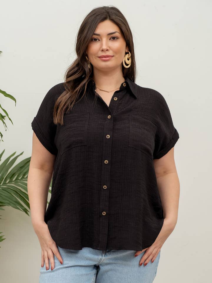 Blu Pepper - Wholesale Blouse - Women's - PLUS COLLARED CRINKLED CUFF SLEEVE BUTTON DOWN SHIRT