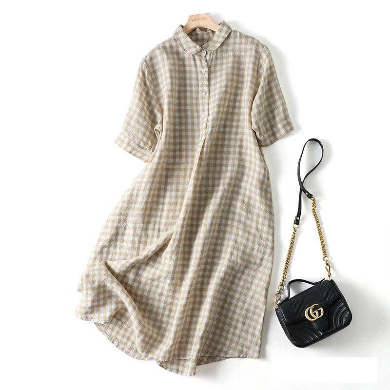 UZ Wholesale Store – wholesale Klänning - Dam – Kortärmad A-linjeformad klänning i ramie och bomull med slagkrage, casual retrostil6