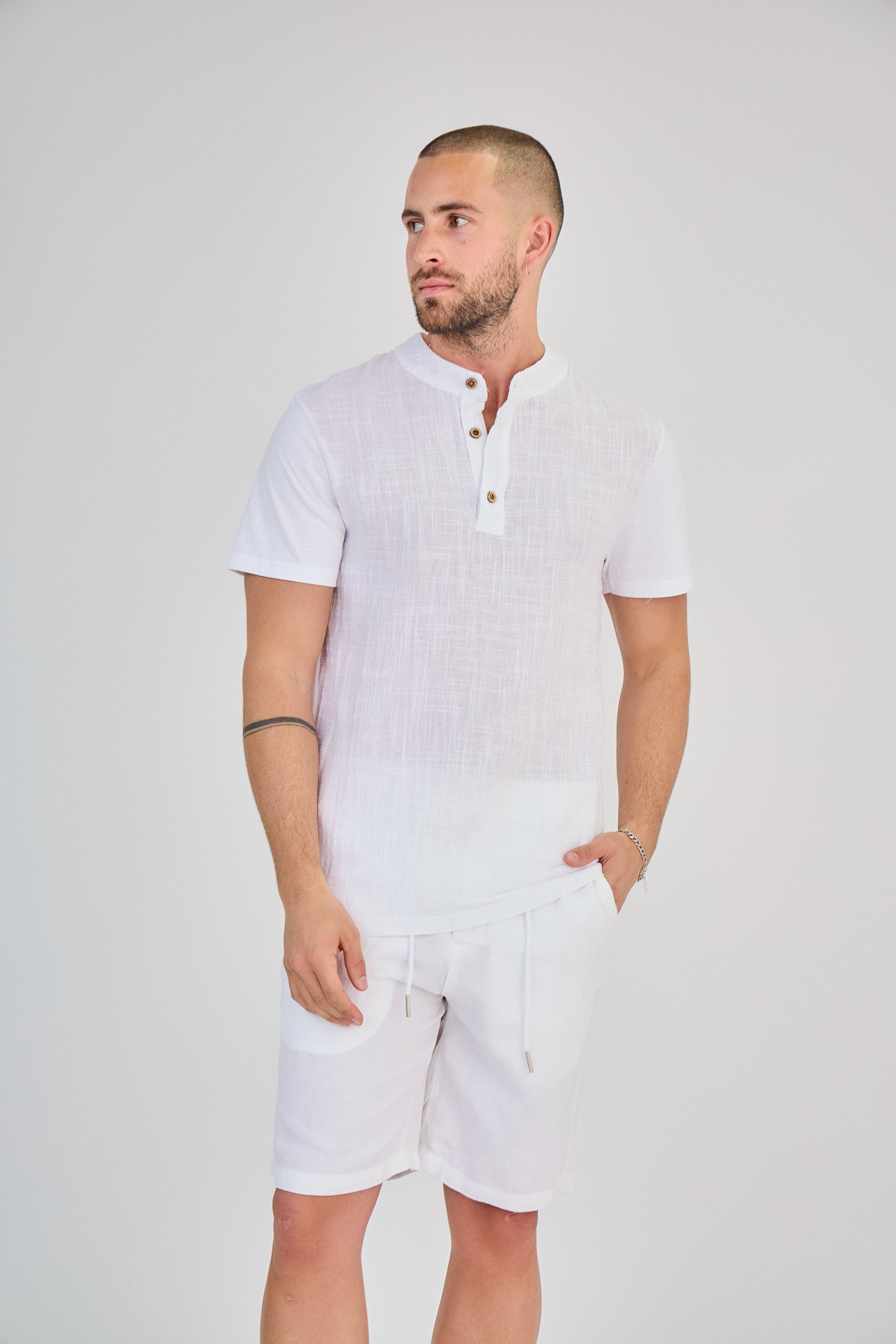 TOP MONDAY - Vente T-shirt – homme - T-Shirt en Lin Manches Courtes Blanc Col Mao1