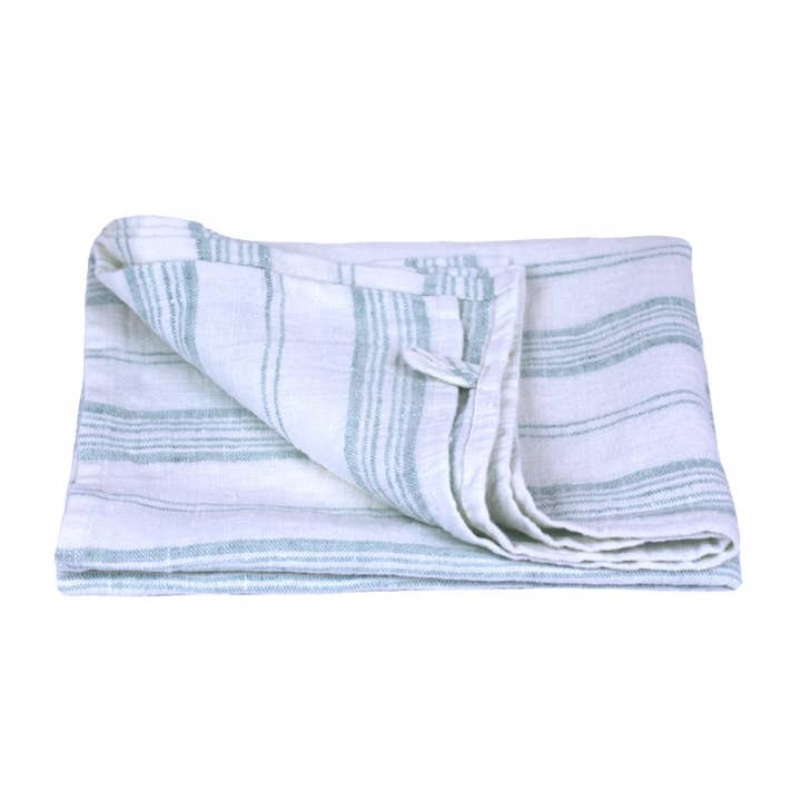 Linen Hand Towel – Stonewashed – White with Green Stripes for wholesale by LinenCasa