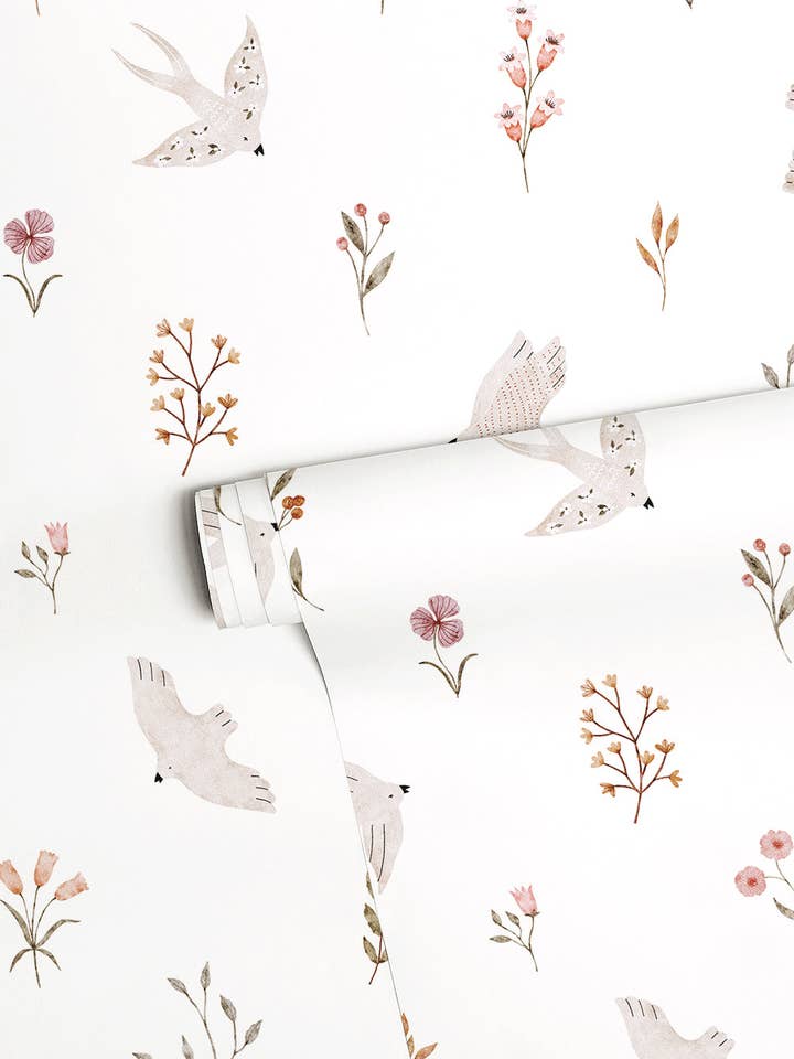 COCCINELLA - Papier peint enfant - Hirondelles et fleurs (H0796) for wholesale by LILIPINSO