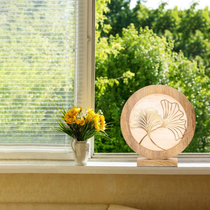 River of Goods - Wholesale Decorative Tabletop Object - 14"W Gingko Decorative Stained Glass Stand Wood Frame