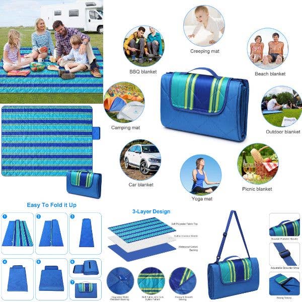 St. Louis Wholesale LLC - Wholesale Picnic Blanket - Bertte Outdoor - #BlueStripes - Oversized 79"x59" Picnic
