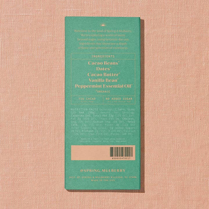 Spring & Mulberry - Wholesale Chocolate Bar - Mint Leaf Date-Sweetened Dark Chocolate