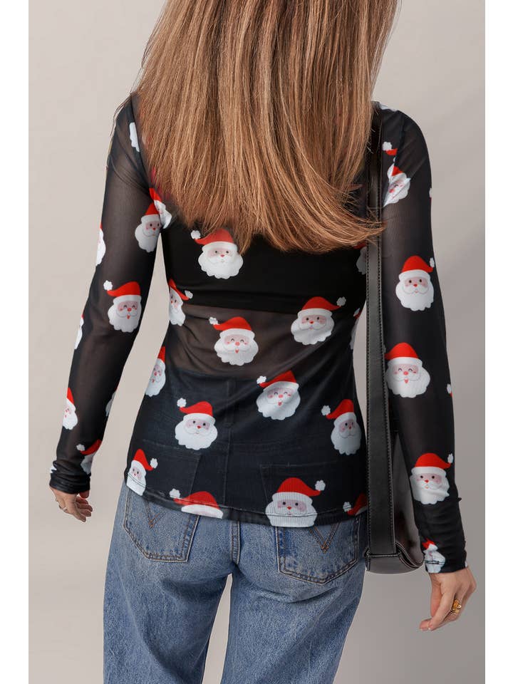 Black Christmas Santa Print Mesh Long Sleeve Top | S-XL for wholesale on Faire9