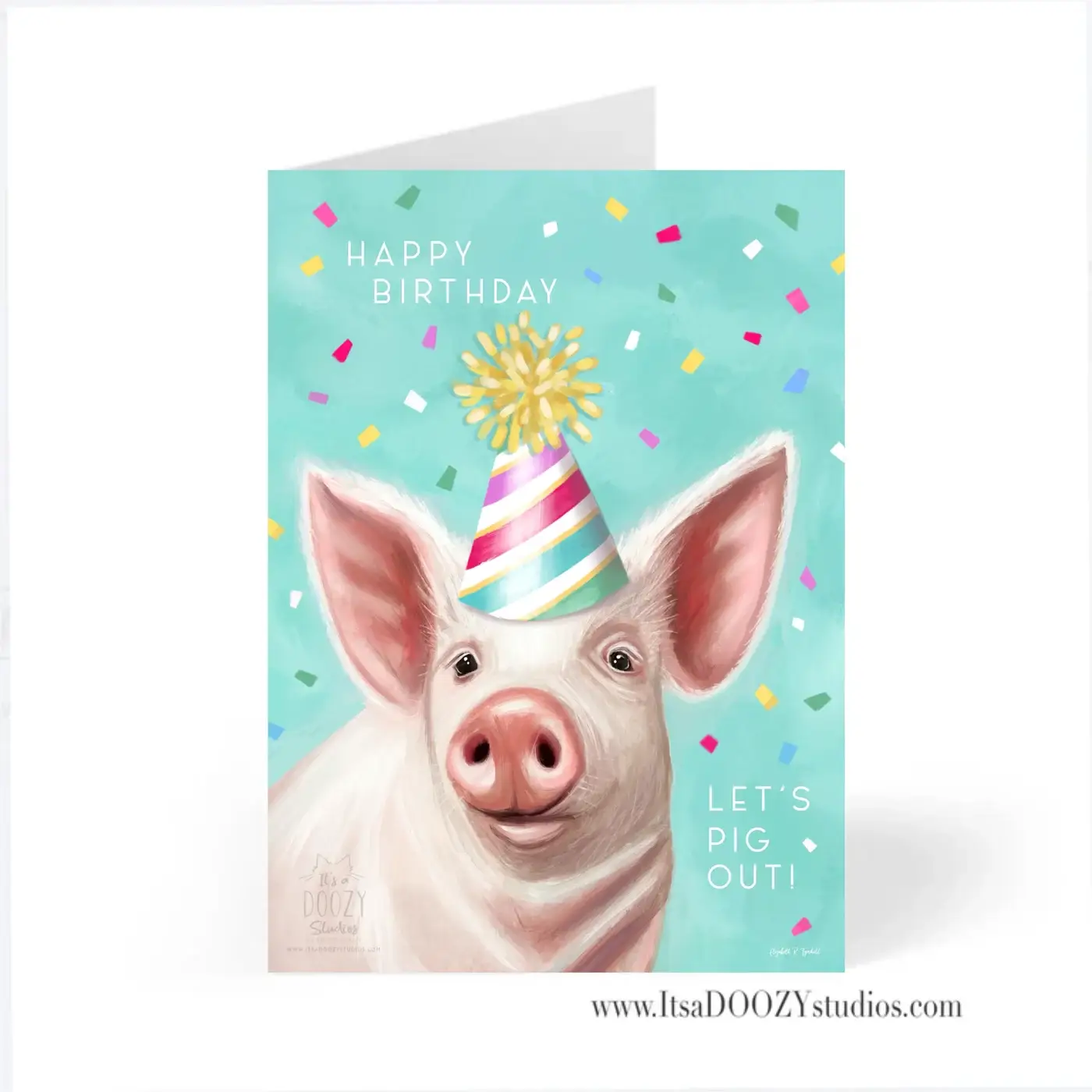 It’s a Doozy Studios - Wholesale Birthday Card - Let’s Pig Out! - Colorful Animal Card With Matching Envelope1