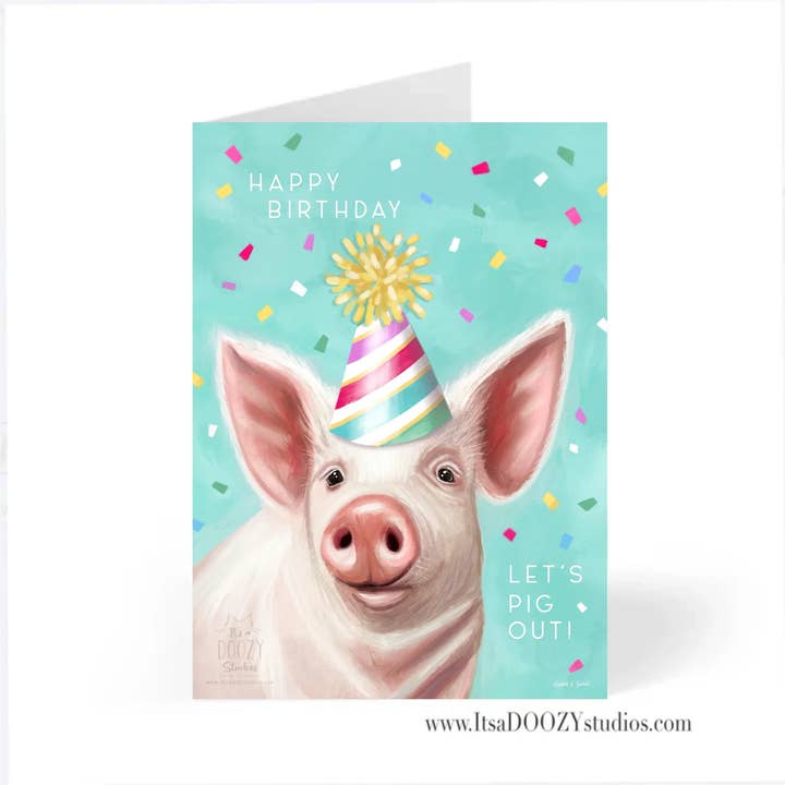 It’s a Doozy Studios - Wholesale Birthday Card - Let’s Pig Out! - Colorful Animal Card With Matching Envelope1
