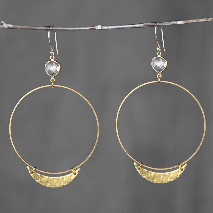 60mm Hoop w/ Hammered Crescent & Prasiolite Gemstone for wholesale by KBD Studio