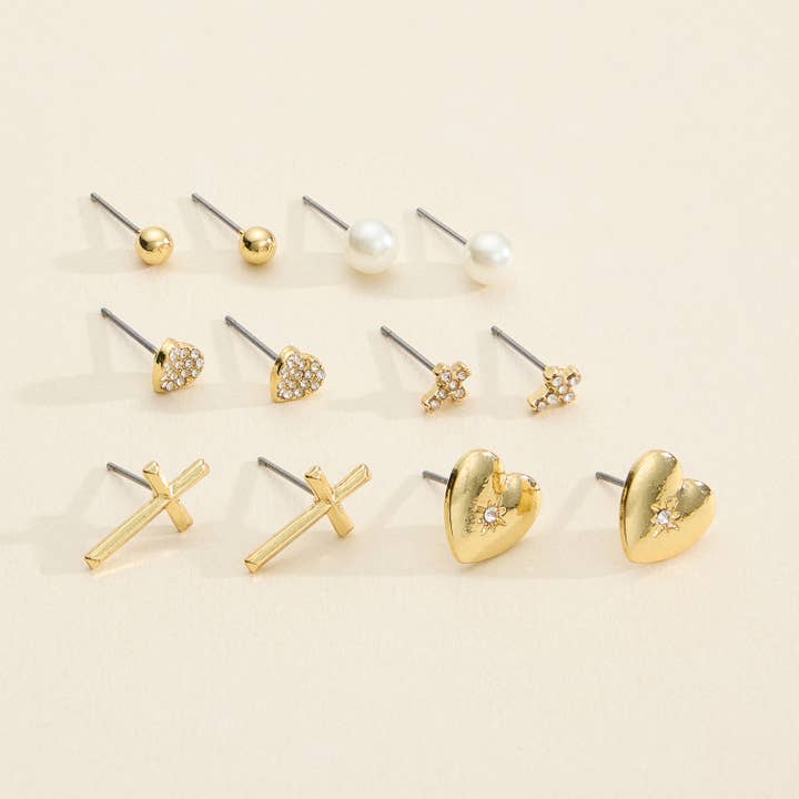 Cross and Hearts Earring Set - 18K Gold Dipped for wholesale by Lilla Haven