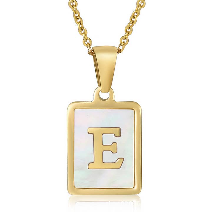 NINEXIS - Wholesale Pendant/Charm Necklace - CWAJE1917_Square Stainless Steel White Shell Letter Necklace5