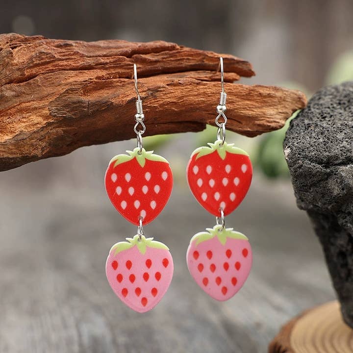 Multi Fresh and Sweet Two-Strawberry Acrylic Earrings SP541 for wholesale on Faire1