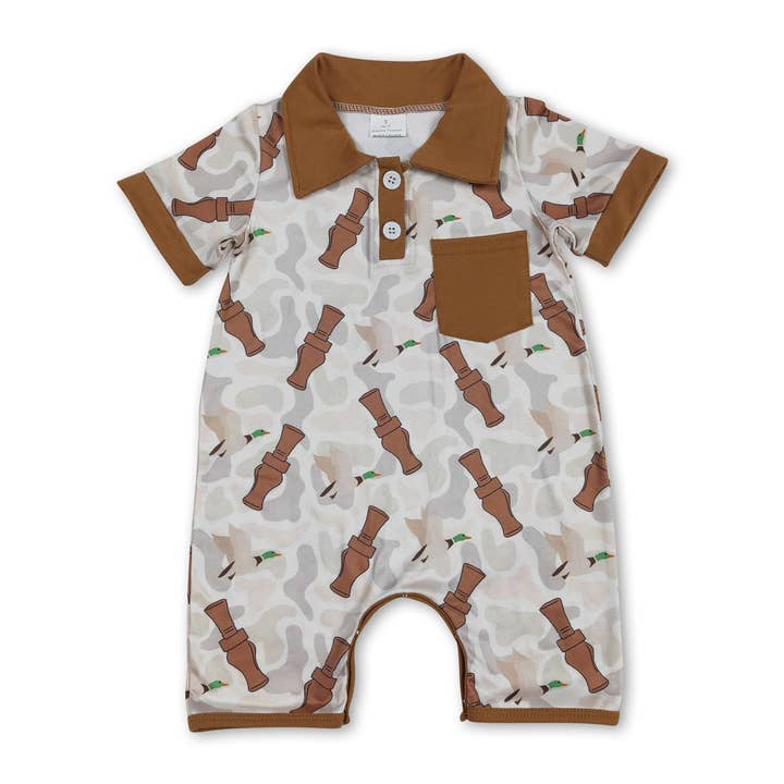 Short sleeves camo duck call baby boys polo romper for wholesale by Yawoo Garments