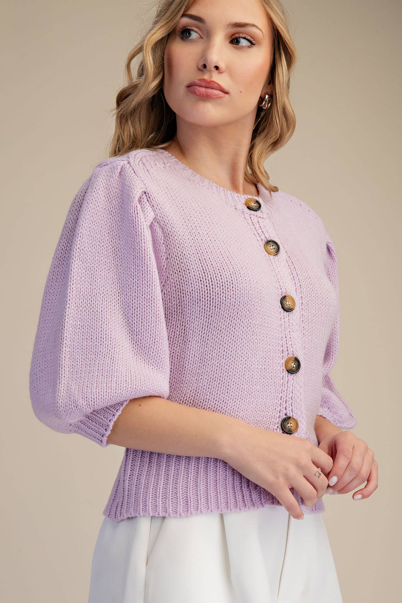 Glam - Wholesale Knit Sweater - Women's - Short Puff Sleeve Button Down Sweater - Reorder Friendly5