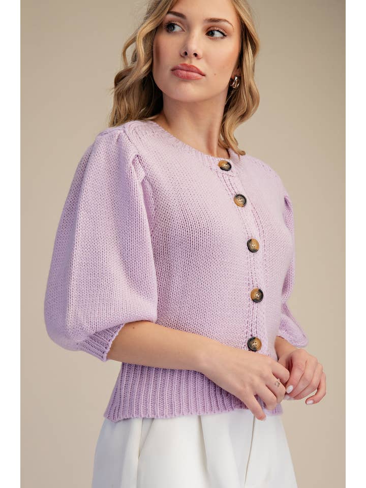 Glam - Wholesale Knit Sweater - Women's - Short Puff Sleeve Button Down Sweater - Reorder Friendly5