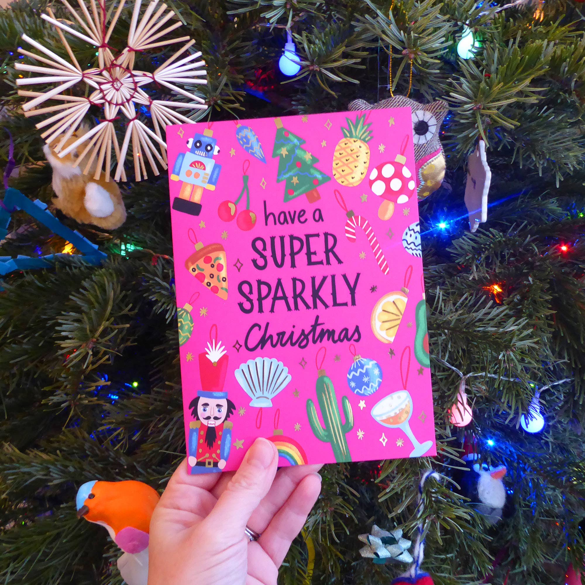 Jessie Maeve Studio - Vente Cartes de Noël - Carte d'Ornements de Sapin de Noël en Feuille d'Or - Super Scintillante2