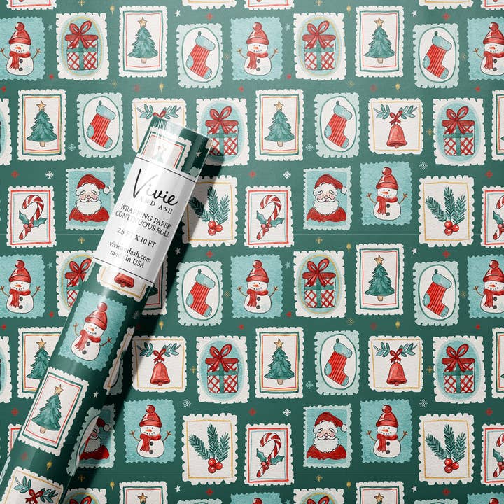 Vivie and Ash - Wholesale Wrapping Paper Roll - Green Christmas Stamps Wrapping Paper Roll