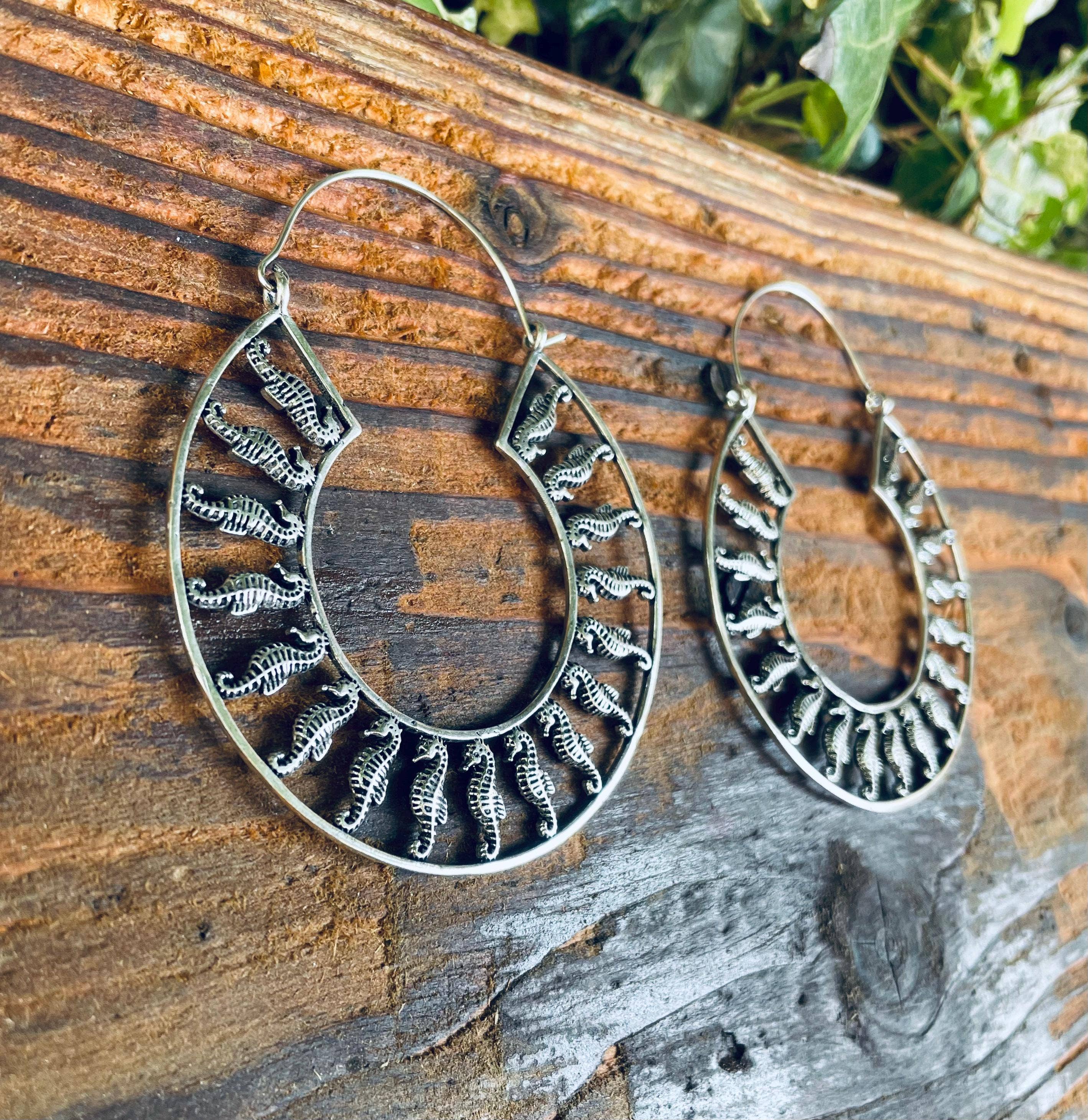 Kaali Boutique – wholesale Hoop earrings – Silver Sea Horse Earrings Extra Large Hoops / Lightweight / Unique Gift / Boho Jewellery / Ethnic / Rustic / Festival / Gypsy / Hippie2