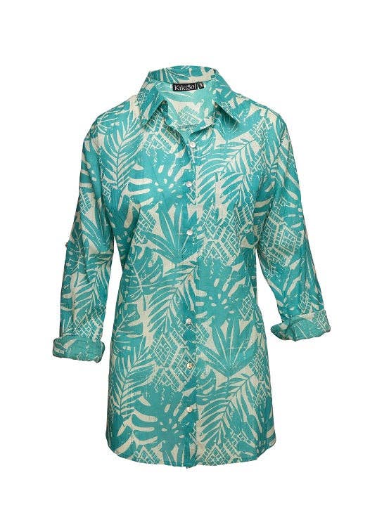 KikiSol - Vente Chemise à col boutonné – femme - Chemise pour petit ami KikiSol Palm Geo bleu sarcelle et crème