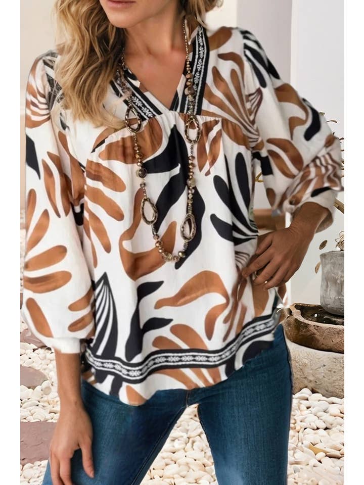 Brown LDC Abstract Print Puff Sleeve Loose Blouse for wholesale on Faire2