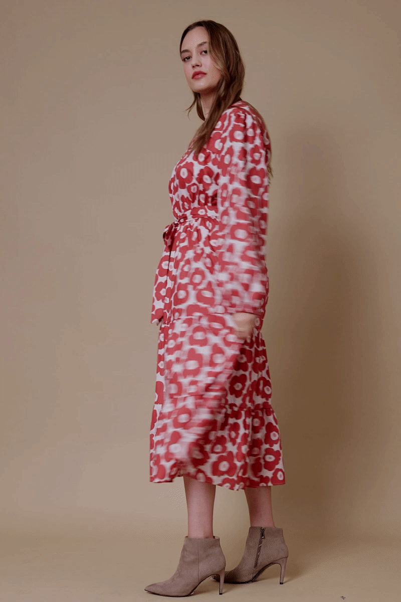 Mauve Womens Bold Floral Print Belted Square Neck Dress for wholesale on Faire6