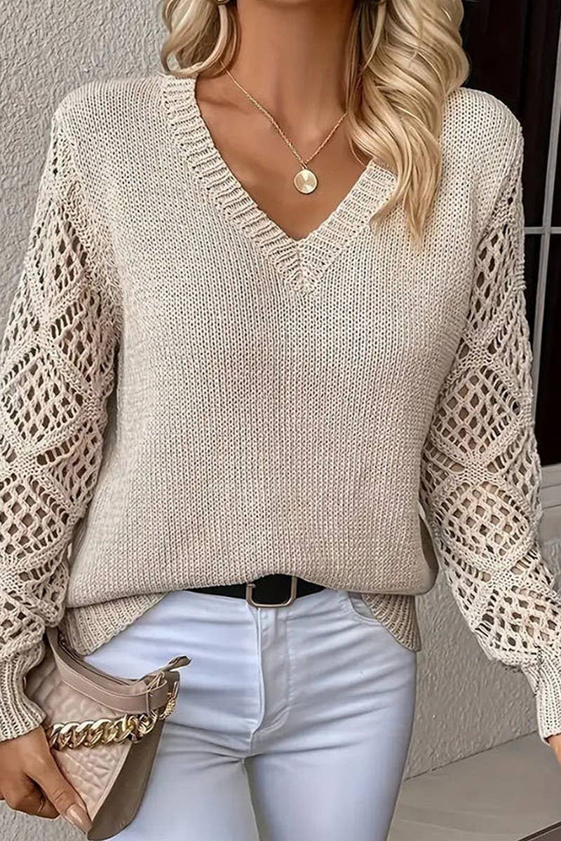 NINEXIS - Vente Pull en maille – femme - CWOSWL5807_HOLLOW HAUT EN TRICOT À MANCHES LONGUES ET COL EN V7