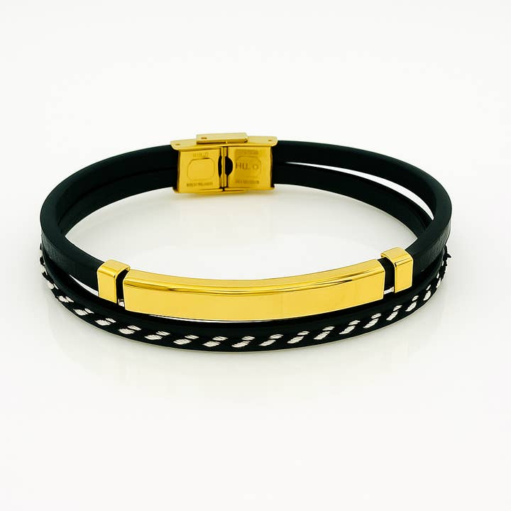 Men’s Black Leather Bracelet with Gold-Tone Stainless Steel for wholesale by Sedy Jewelry