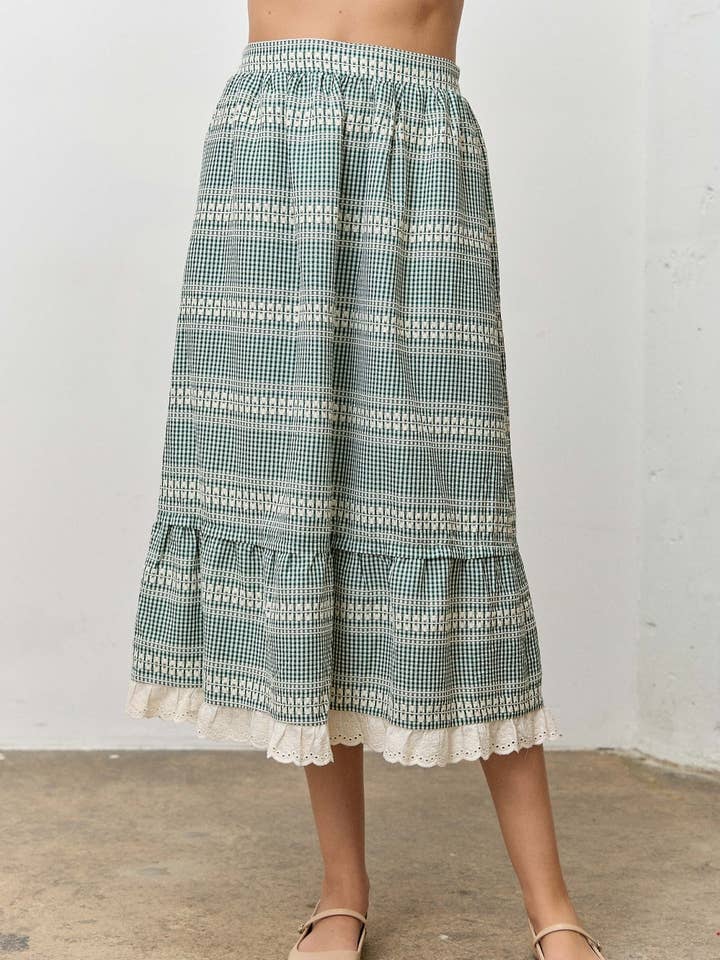 EMBROIDERED PLAID EYELET RUFFLE MIDI SKIRT for wholesale by Polagram by Wellmade USA