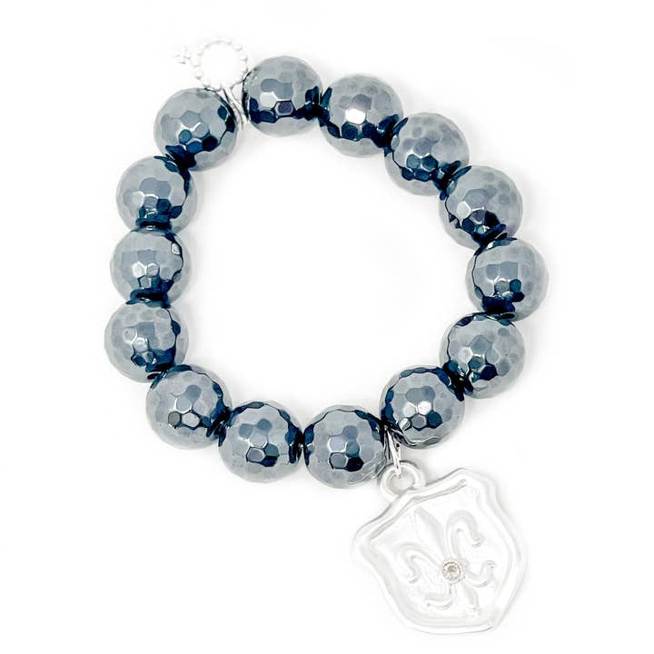 Faceted Gunmetal Hematite with Matte Silver Fleur for wholesale by PowerBeads by jen