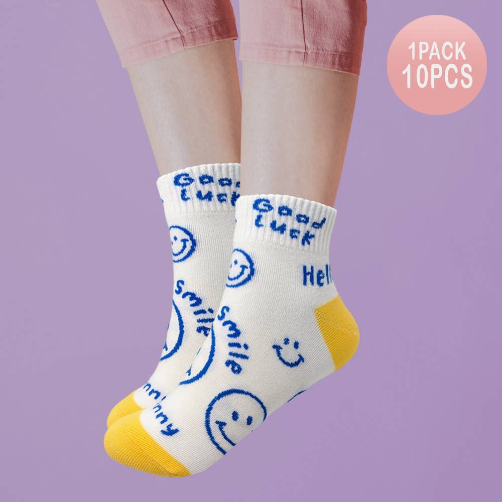 Sensibling Corp. - Wholesale Socks - Women's - 10Pairs - Smile Hello Good Luck Message Patterned Socks
8