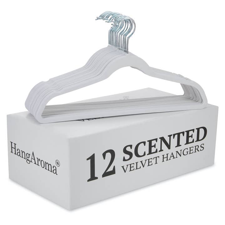 Premium Non-slip Scented Velvet Hangers - Heavy Duty Clothes Hanger - Ultra Thin Space Saving 360 Degree 12 Pack Powder Fresh for wholesale by HangAroma