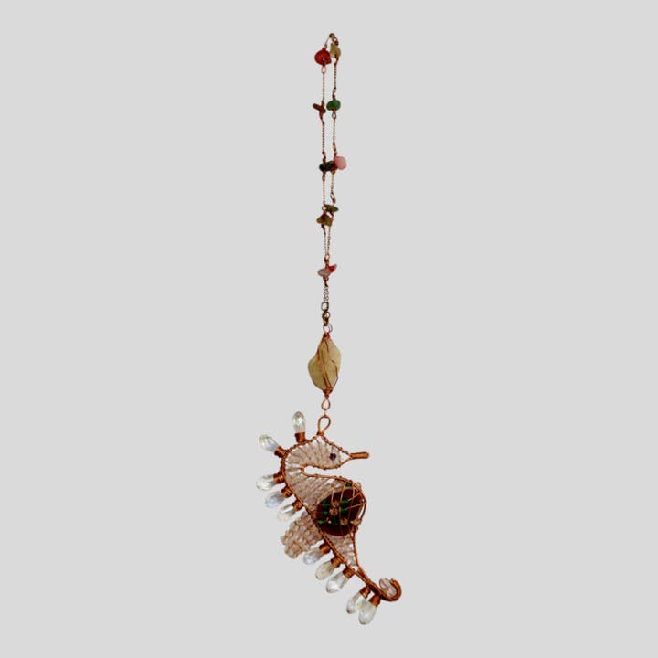 Copper Metal Seahorse Suncatcher with Natural Stone Chain and Shimmering Crystals -- Window Hanging or Wall Hanging for wholesale by Guzel Handcrafts