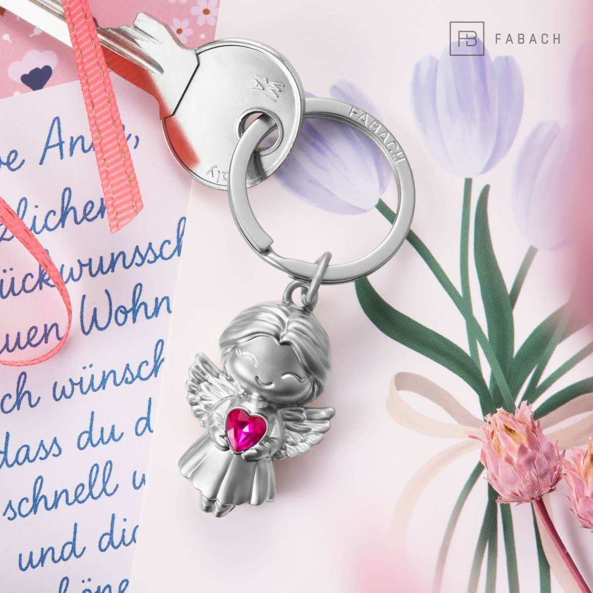 FABACH – Die Schlüsselanhänger-Schmiede - Wholesale Keychain - Women's - Guardian Angel Keychain "Lucy" with Shimmering Crystal Heart - Angel Good Luck Charm Keychain Love4