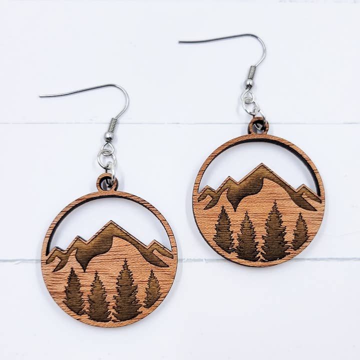 Mountain Forest Round Wooden Dangle Earrings for wholesale by The Purple Chickadee