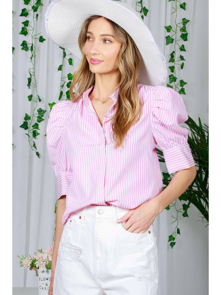 Vine & Love - Vendita all'ingrosso Camicetta - Donna - Camicetta stampata a righe con colletto rialzato e maniche a sbuffo VT822511