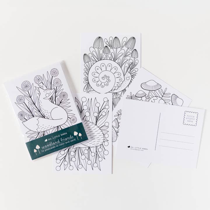 oh, little wren - Wholesale Postcard Set - Woodland Coloring Postcards, a Set of 14 to Color and Send
