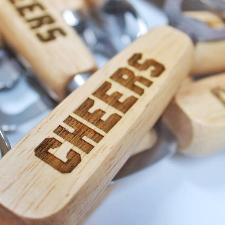Cheers Wooden Bottle Opener, Custom Birthday Party Favors for wholesale by Lady Laser Co