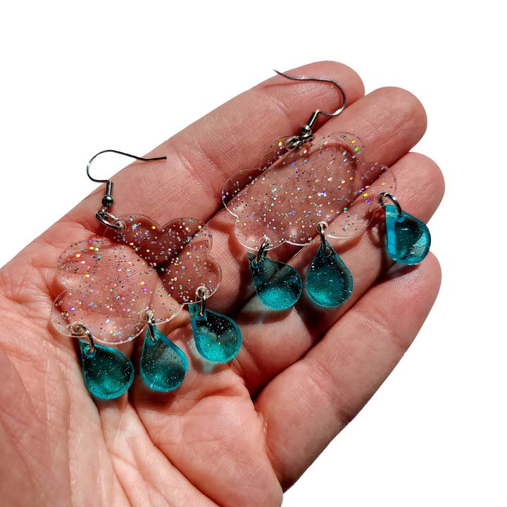 Mini Kitty Designs - Wholesale Dangle Earrings - Jelly Glitter Clouds with Raindrops - Earrings - Laser Cut2
