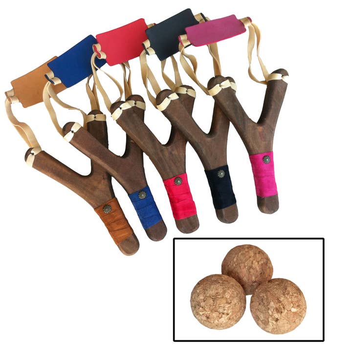 Lance-pierres Rustik avec Poignée en Suédine + 3 Balles en Liège - ST531F pour la vente par KALID MEDIEVAL