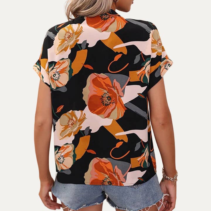 The Moment Collection - Wholesale Button Down Shirt - Women's - Always Trendy Multi-Color Printed V-Neck Short Sleeve Top