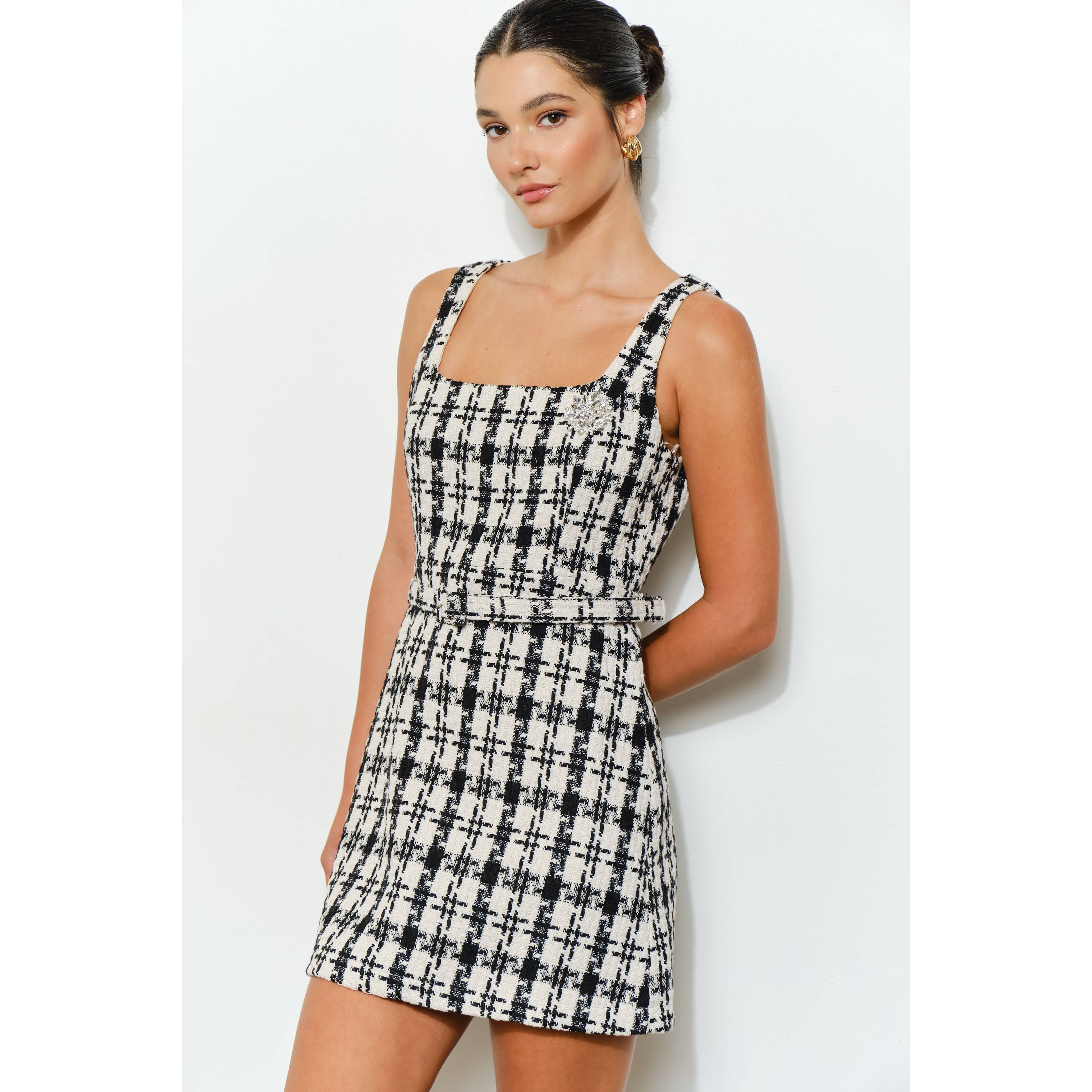 INA - Wholesale Dress - Women's - Check Tweed Brooch Detail Belted Mini Dress9