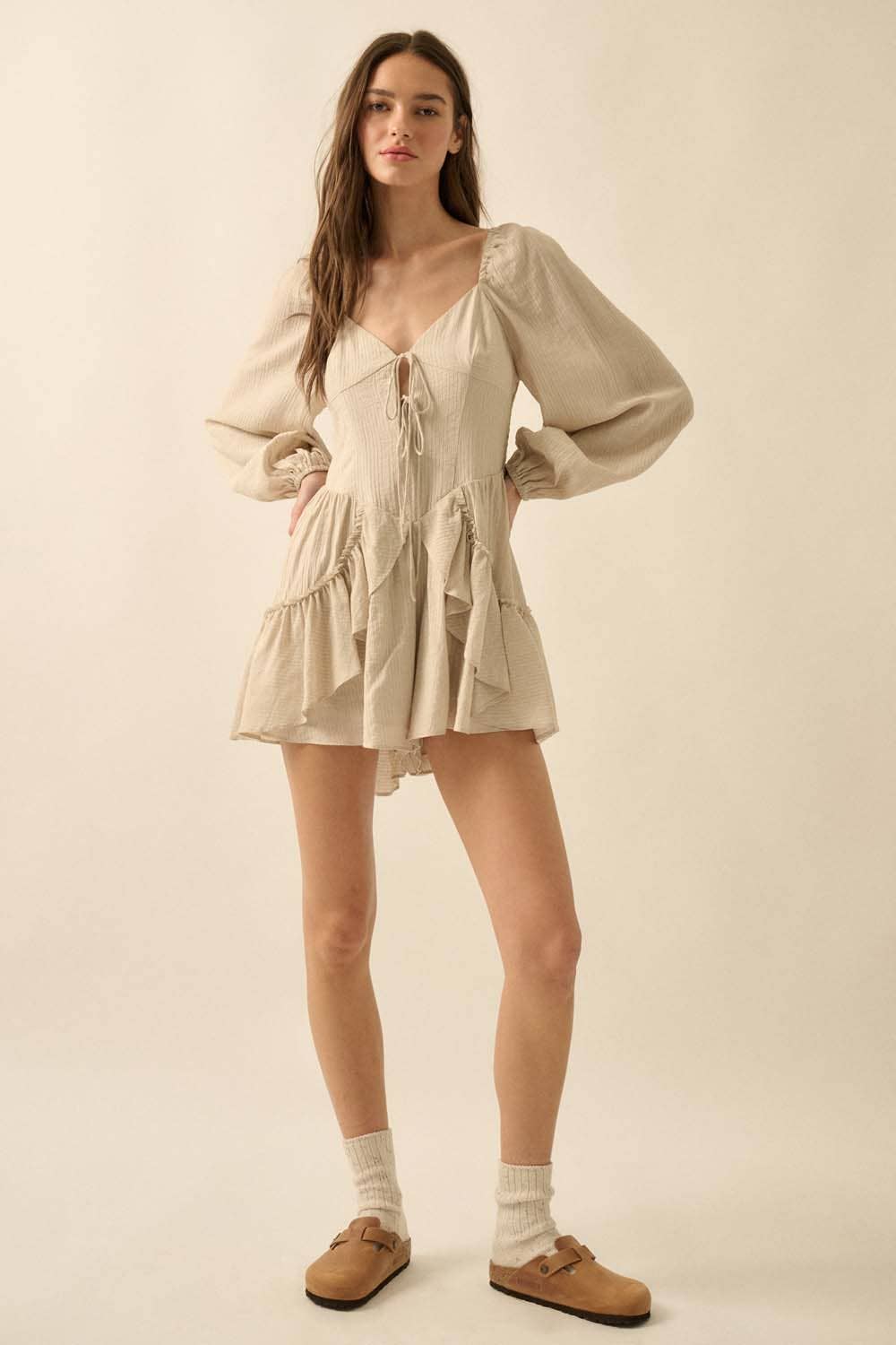 Promesa USA - Wholesale Romper - Women's - Tonal-Stripe Ruffled Tie-Front Peasant Romper20