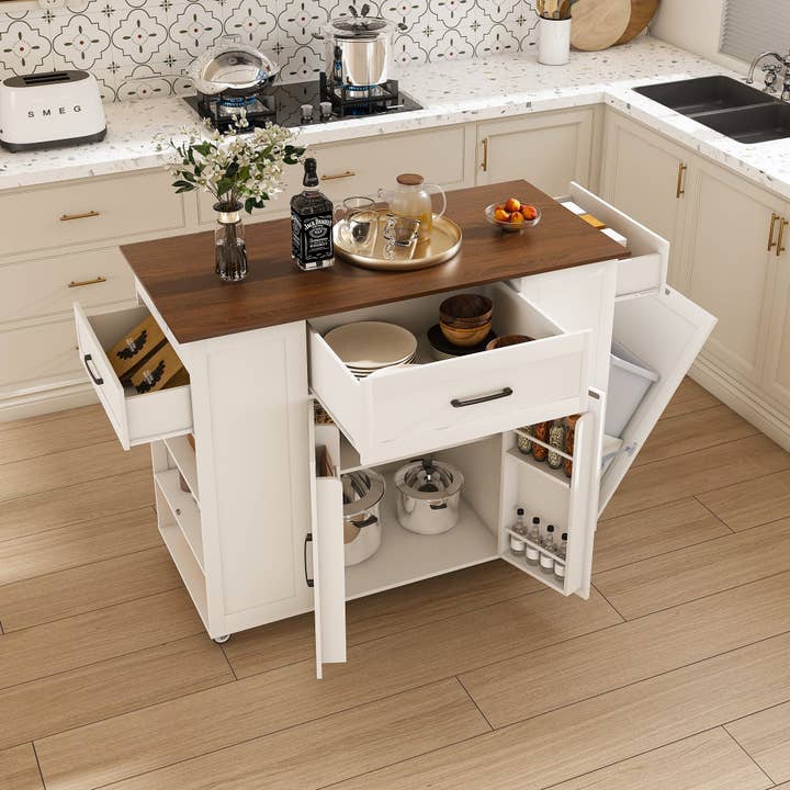 39F Inc. - Wholesale Kitchen Storage/Organizer - Rustic Movable Kitchen Island on Wheels with Storage & Power Outlet, White MDF Frame with Wood Top, 46'1