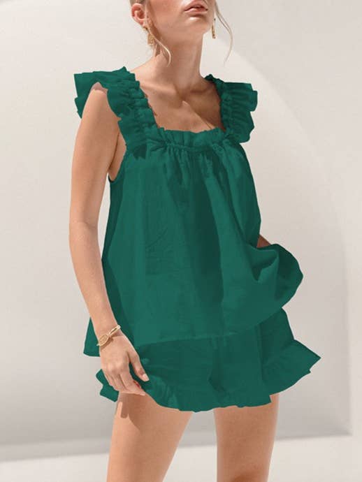 Rosa Clothing - Wholesale Lounge Set - Women's - Ruffle Trim Tank Top And Shorts Pajama Set3