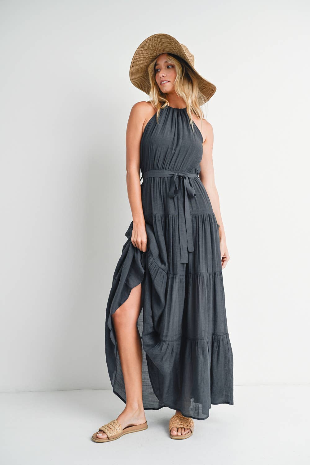 Bluivy – Vestido - Mulher por atacado – VESTIDO MAXI DE CINTURA COM HALTER EM CAMADAS10