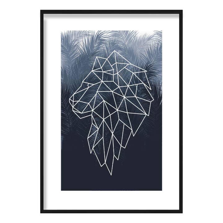 Geometric Lion Head with Navy Palms Art Print for wholesale by Artze Wall Art