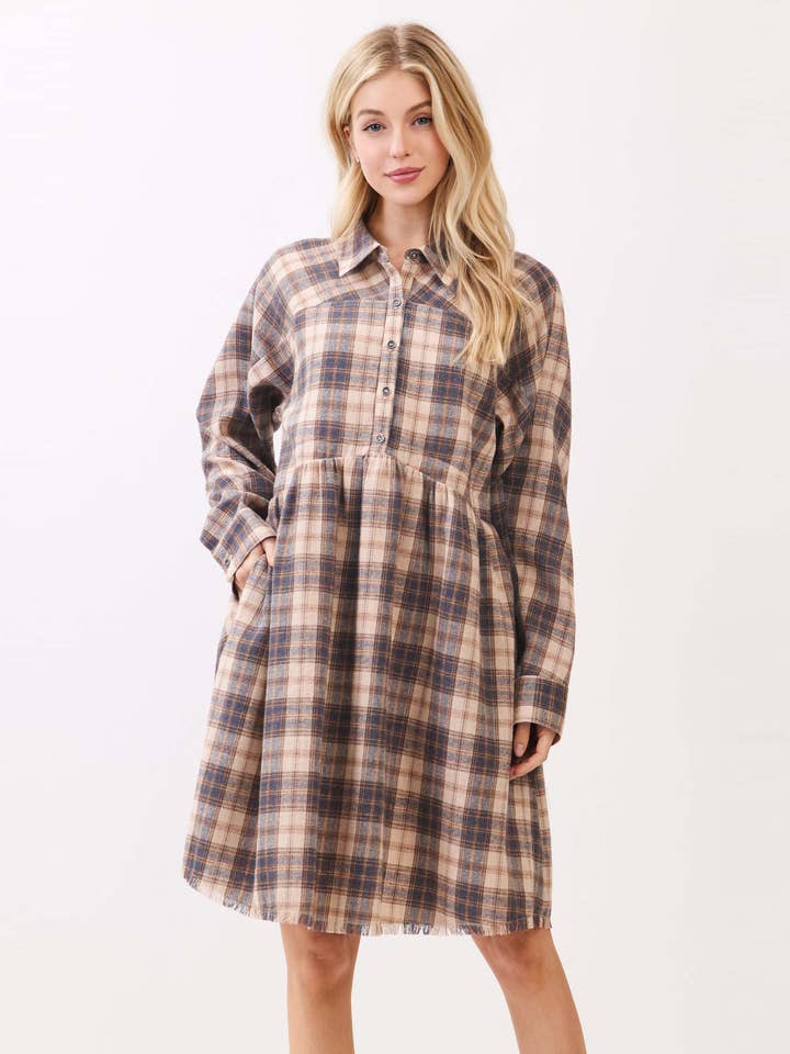 LONG SLEEVE PLAID BABY DOLL DRESS - VD42814 for wholesale by Calista