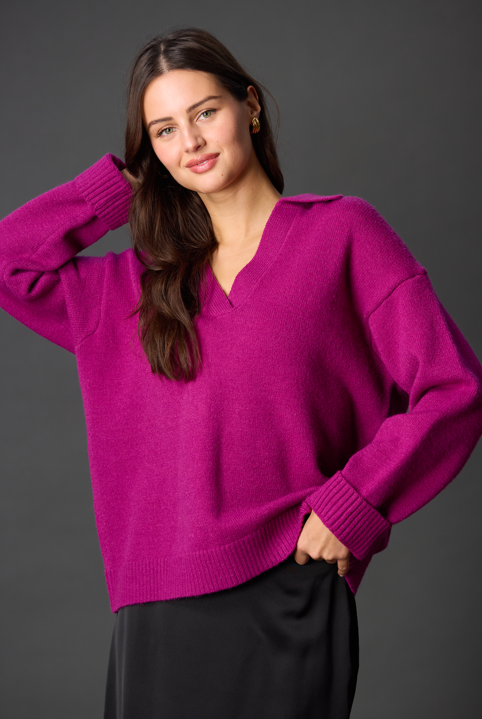 Dark Raspberry Knit Collared V Neck Ribbed Border Sweater Top	 for wholesale on Faire0