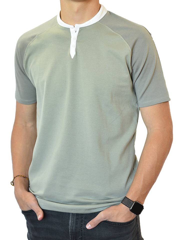 Manga Curta Henley (Verde & Cinza) por atacado de SpearPoint Apparel