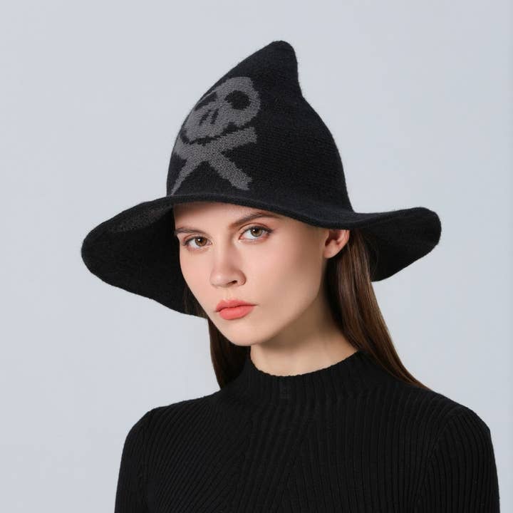 NINEXIS - Wholesale Boater Hat - Women's - CWAH1681_Halloween Skull Knitted Wizard Hat